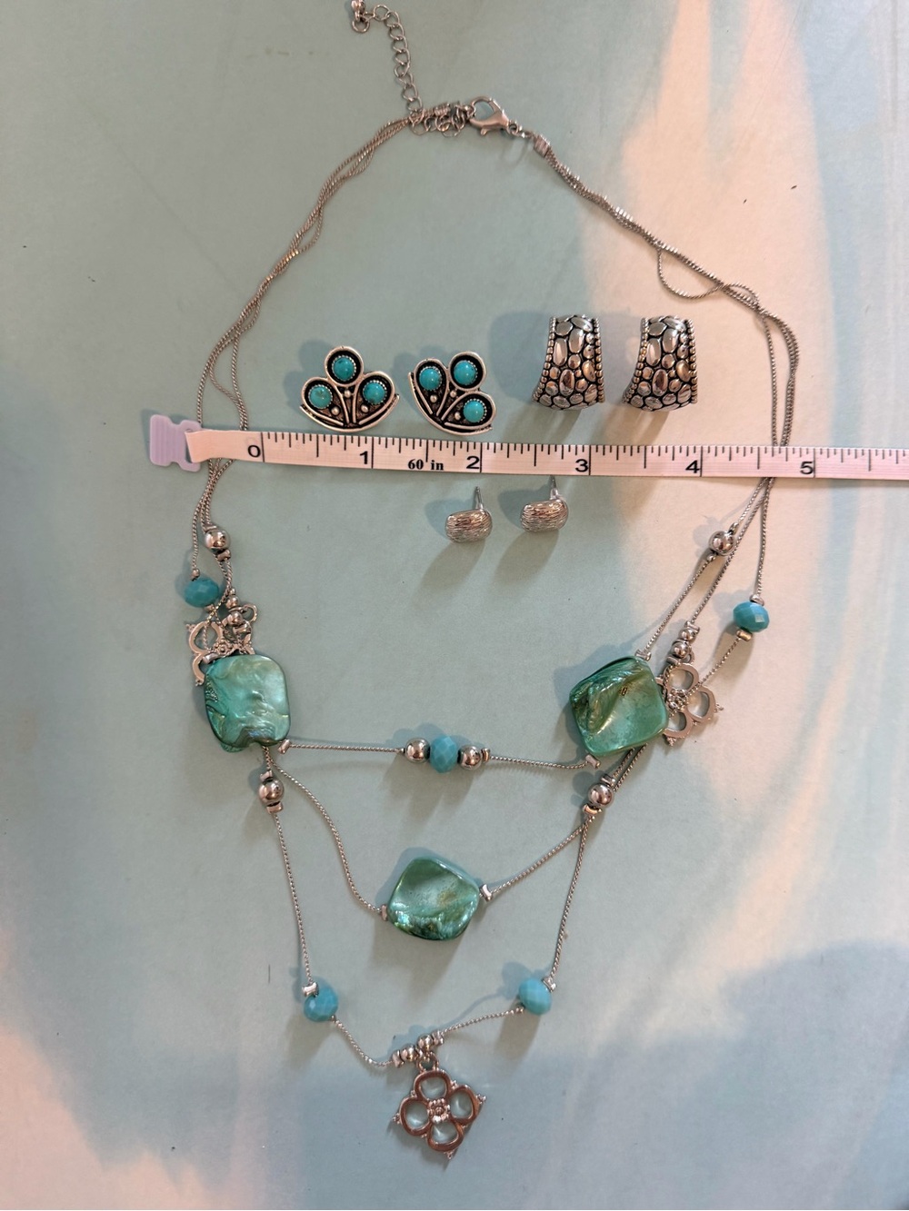 Silver-Tone Turquoise Multi-Strand Necklace with Matching Earrings - NWOT